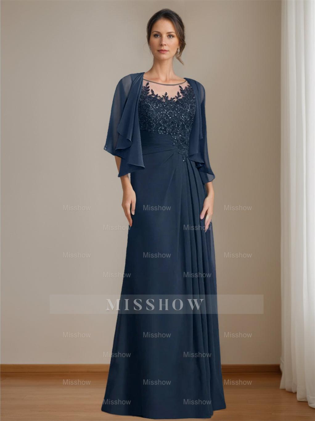 Floor-Length A-Line Princess Mother of the Bride Dress with Scoop Neck Pleats and Sequins
