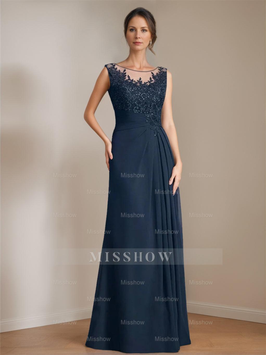 Floor-Length A-Line Princess Mother of the Bride Dress with Scoop Neck Pleats and Sequins