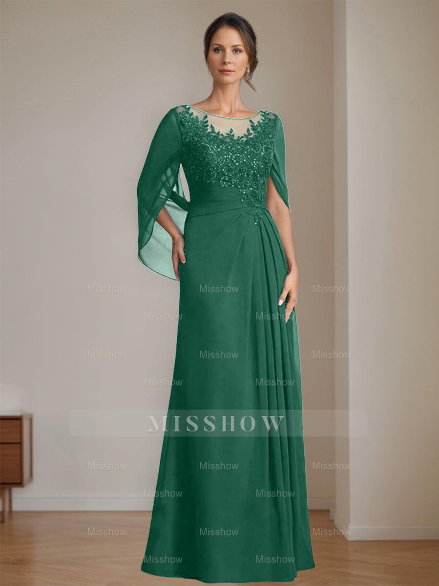 Floor-Length A-Line Princess Mother of the Bride Dresses with Scoop Neckline Pleated & Sequins