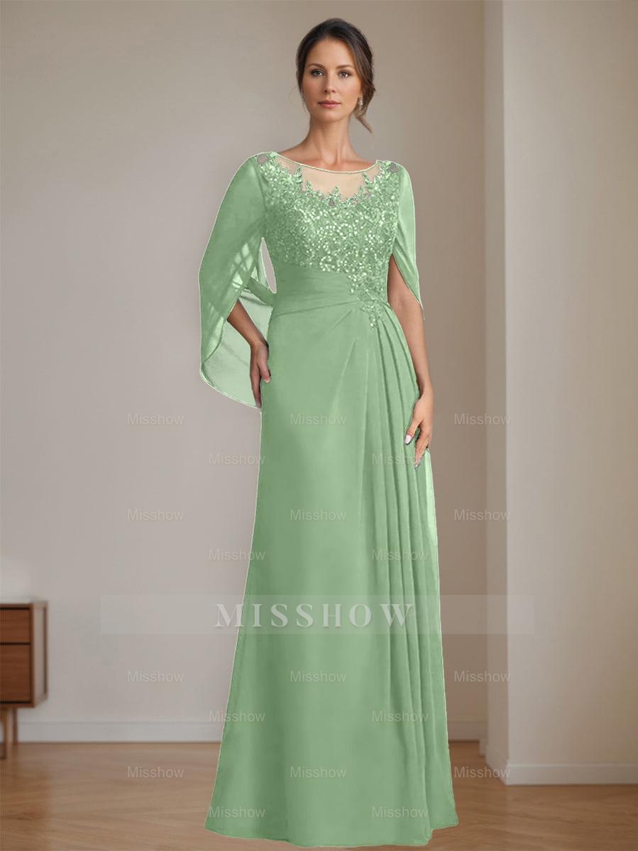 Floor-Length A-Line Princess Mother of the Bride Dresses with Scoop Neckline Pleated & Sequins