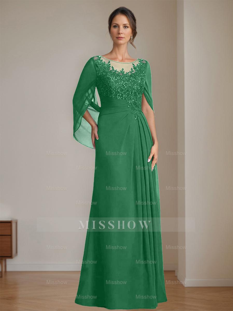 Floor-Length A-Line Princess Mother of the Bride Dresses with Scoop Neckline Pleated & Sequins