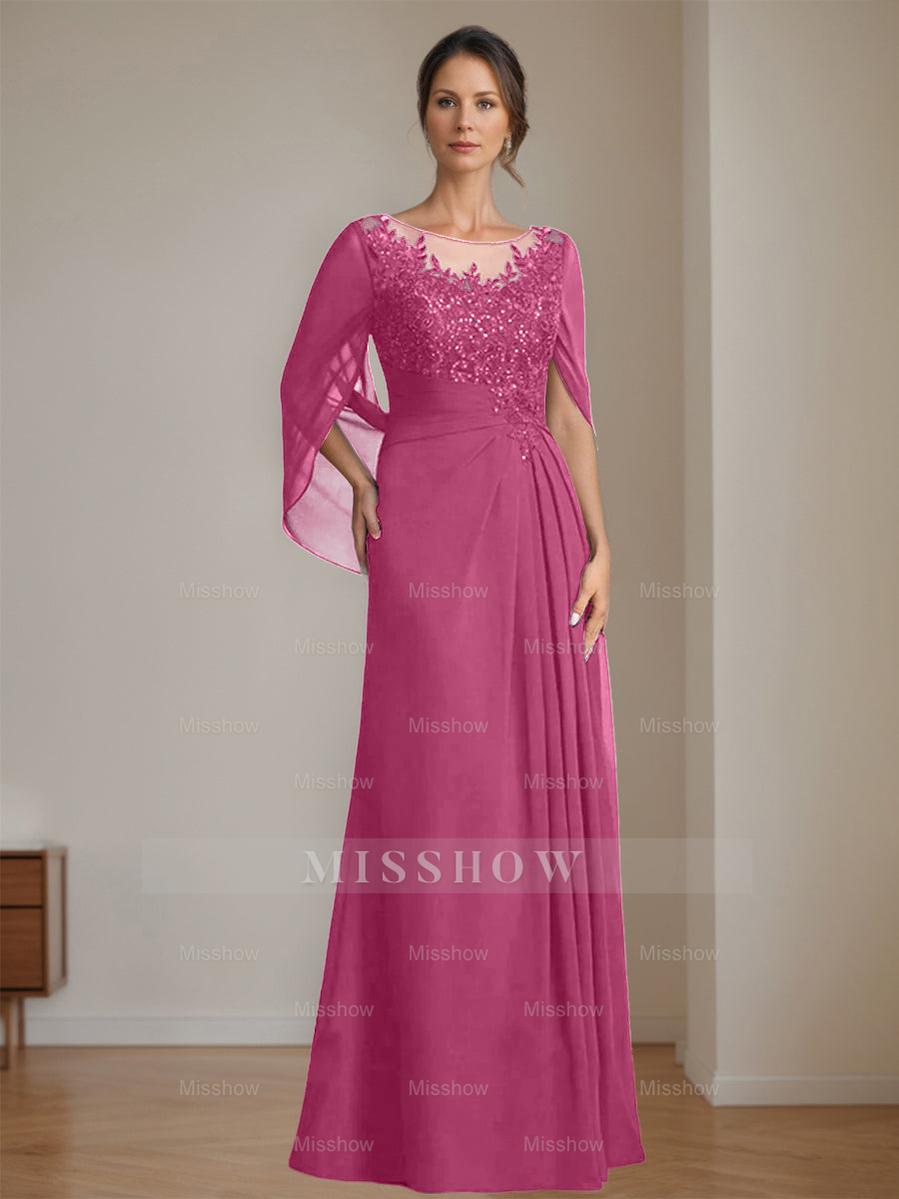 Floor-Length A-Line Princess Mother of the Bride Dresses with Scoop Neckline Pleated & Sequins