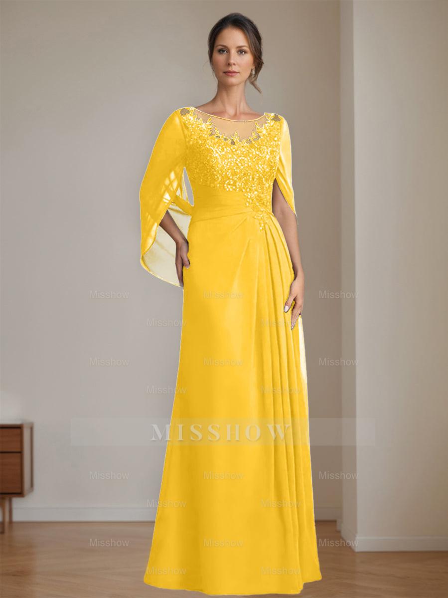 Floor-Length A-Line Princess Mother of the Bride Dresses with Scoop Neckline Pleated & Sequins