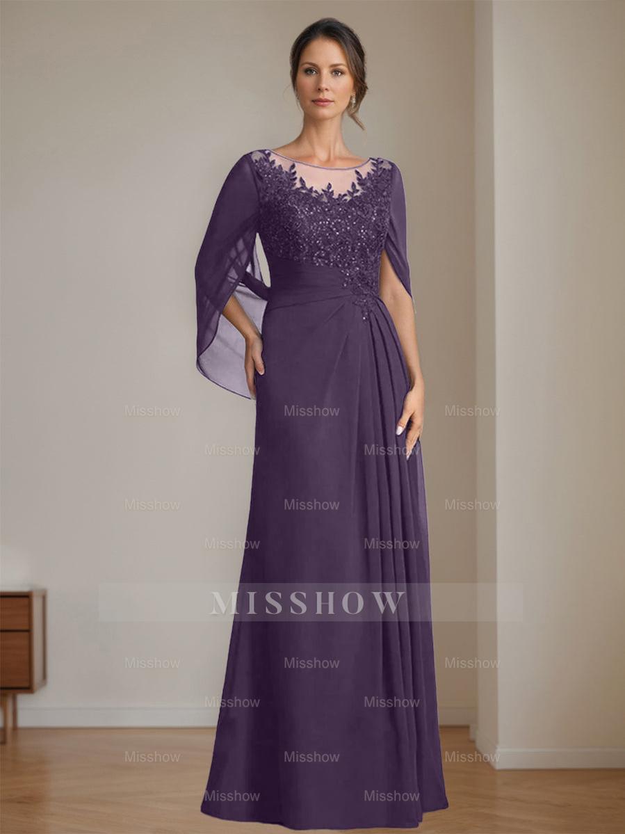 Floor-Length A-Line Princess Mother of the Bride Dresses with Scoop Neckline Pleated & Sequins