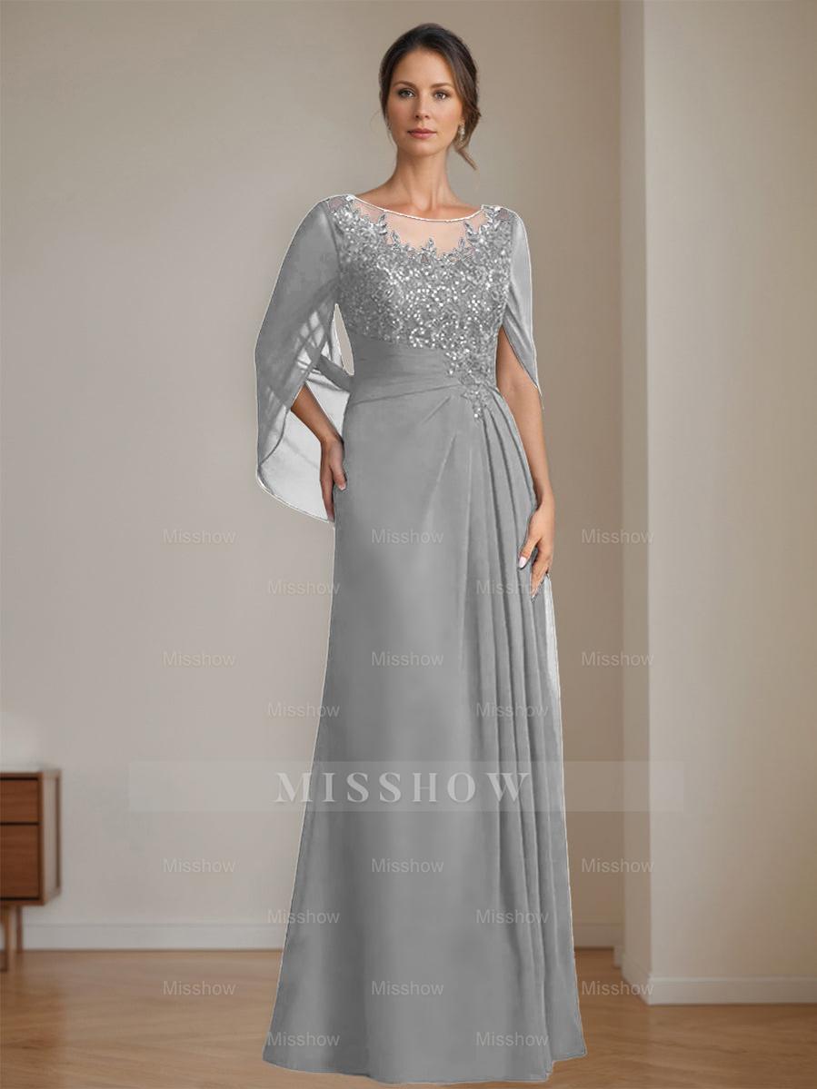 Floor-Length A-Line Princess Mother of the Bride Dresses with Scoop Neckline Pleated & Sequins