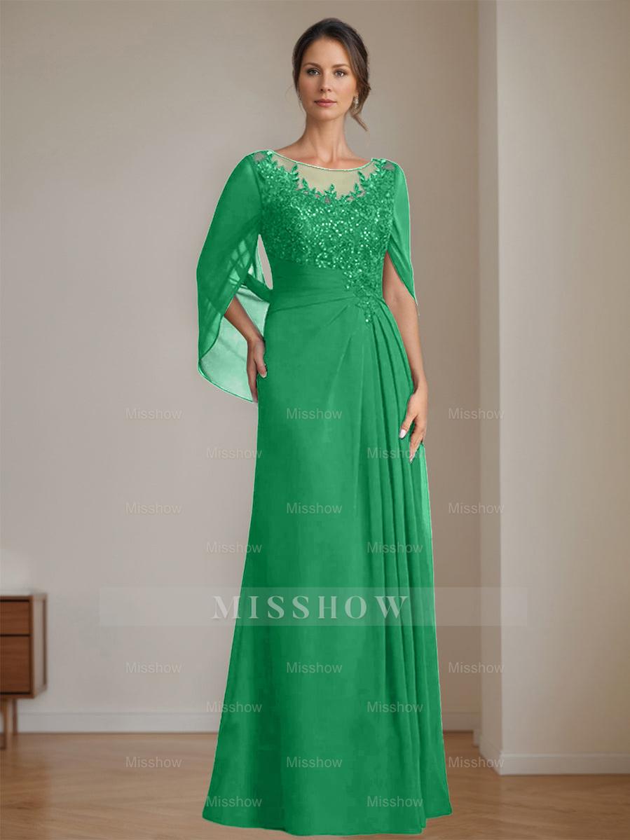 Floor-Length A-Line Princess Mother of the Bride Dresses with Scoop Neckline Pleated & Sequins