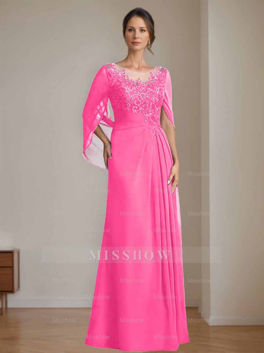 Floor-Length A-Line Princess Mother of the Bride Dresses with Scoop Neckline Pleated & Sequins