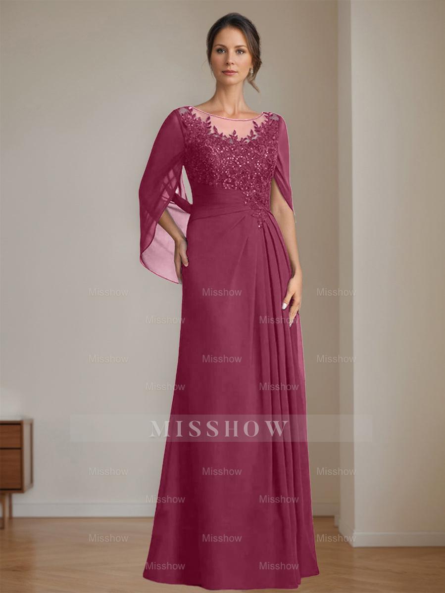 Floor-Length A-Line Princess Mother of the Bride Dresses with Scoop Neckline Pleated & Sequins