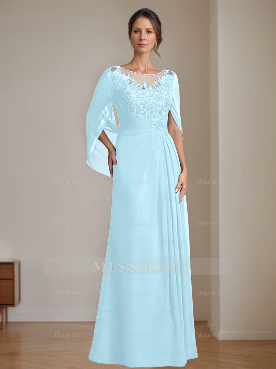 Floor-Length A-Line Princess Mother of the Bride Dresses with Scoop Neckline Pleated & Sequins