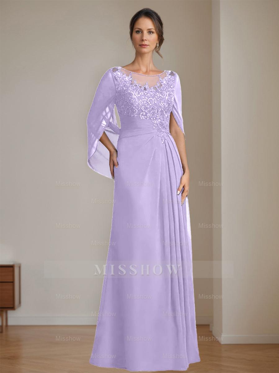 Floor-Length A-Line Princess Mother of the Bride Dresses with Scoop Neckline Pleated & Sequins