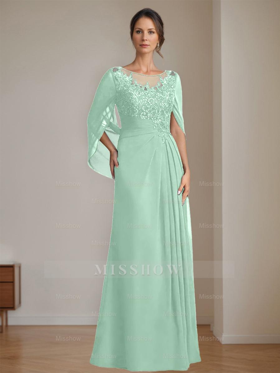 Floor-Length A-Line Princess Mother of the Bride Dresses with Scoop Neckline Pleated & Sequins