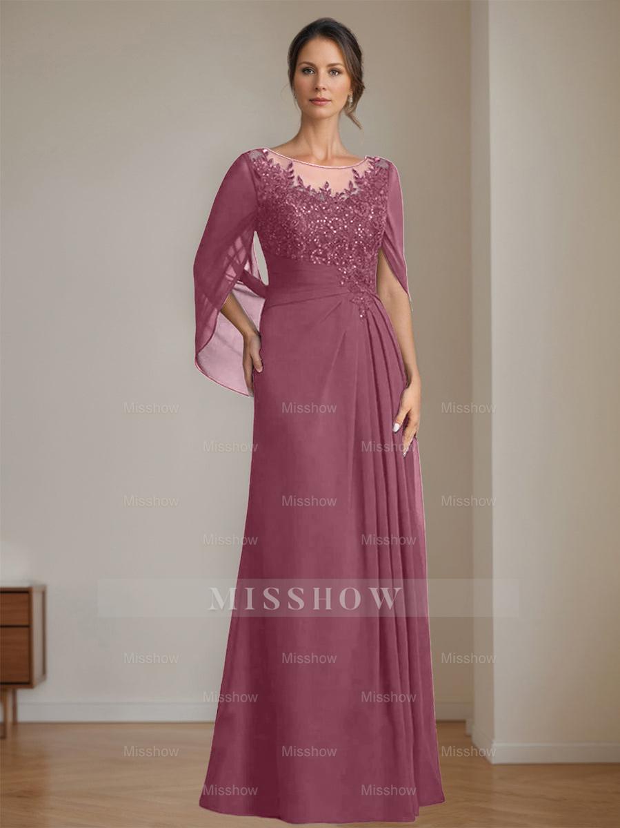 Floor-Length A-Line Princess Mother of the Bride Dresses with Scoop Neckline Pleated & Sequins