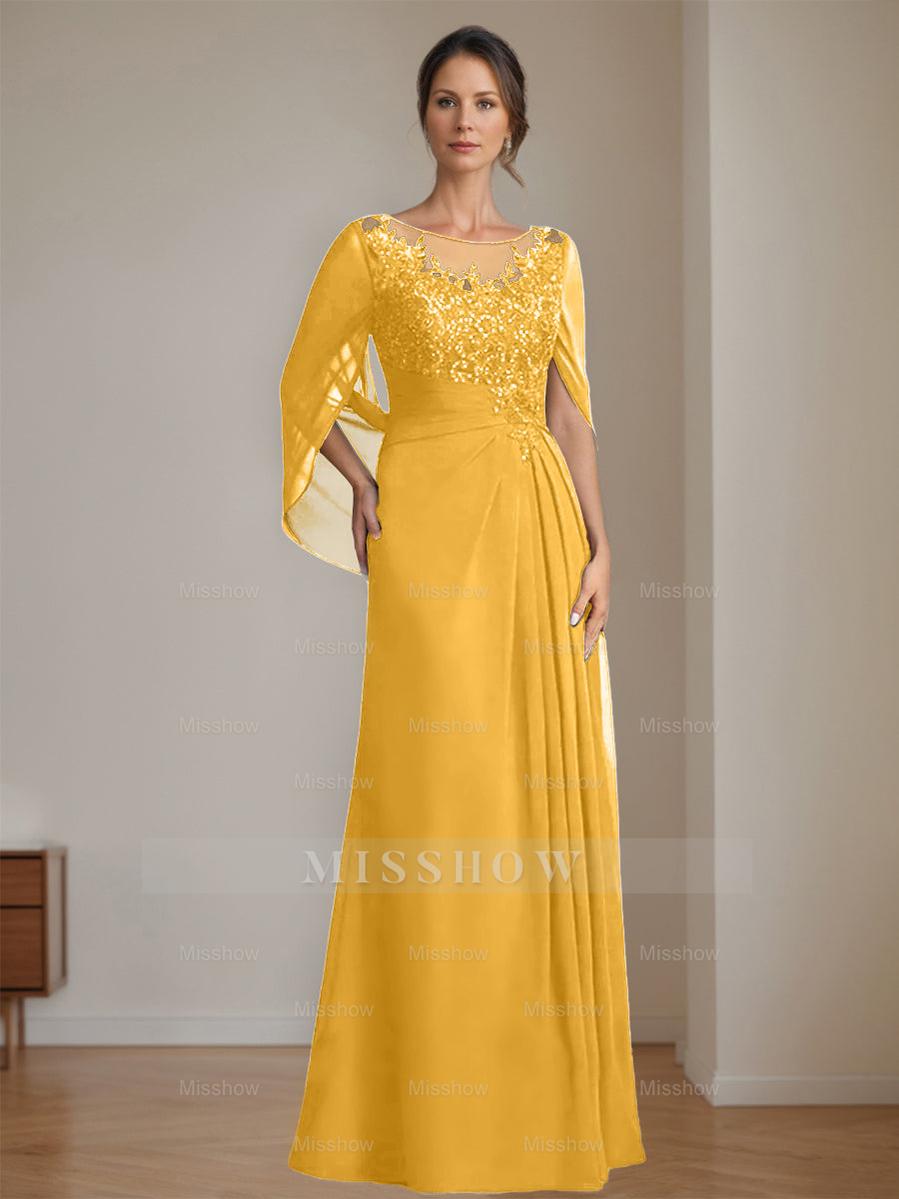 Floor-Length A-Line Princess Mother of the Bride Dresses with Scoop Neckline Pleated & Sequins