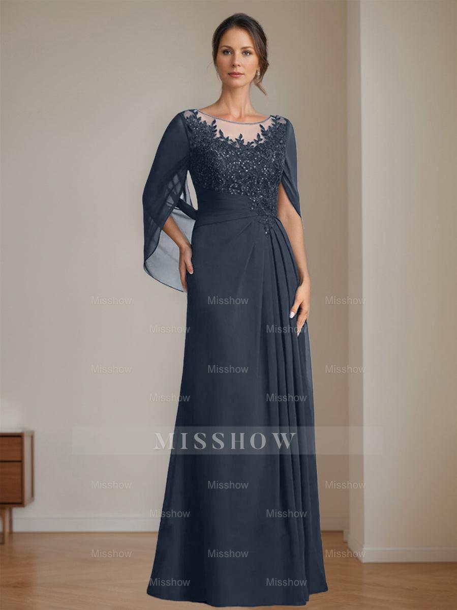 Floor-Length A-Line Princess Mother of the Bride Dresses with Scoop Neckline Pleated & Sequins