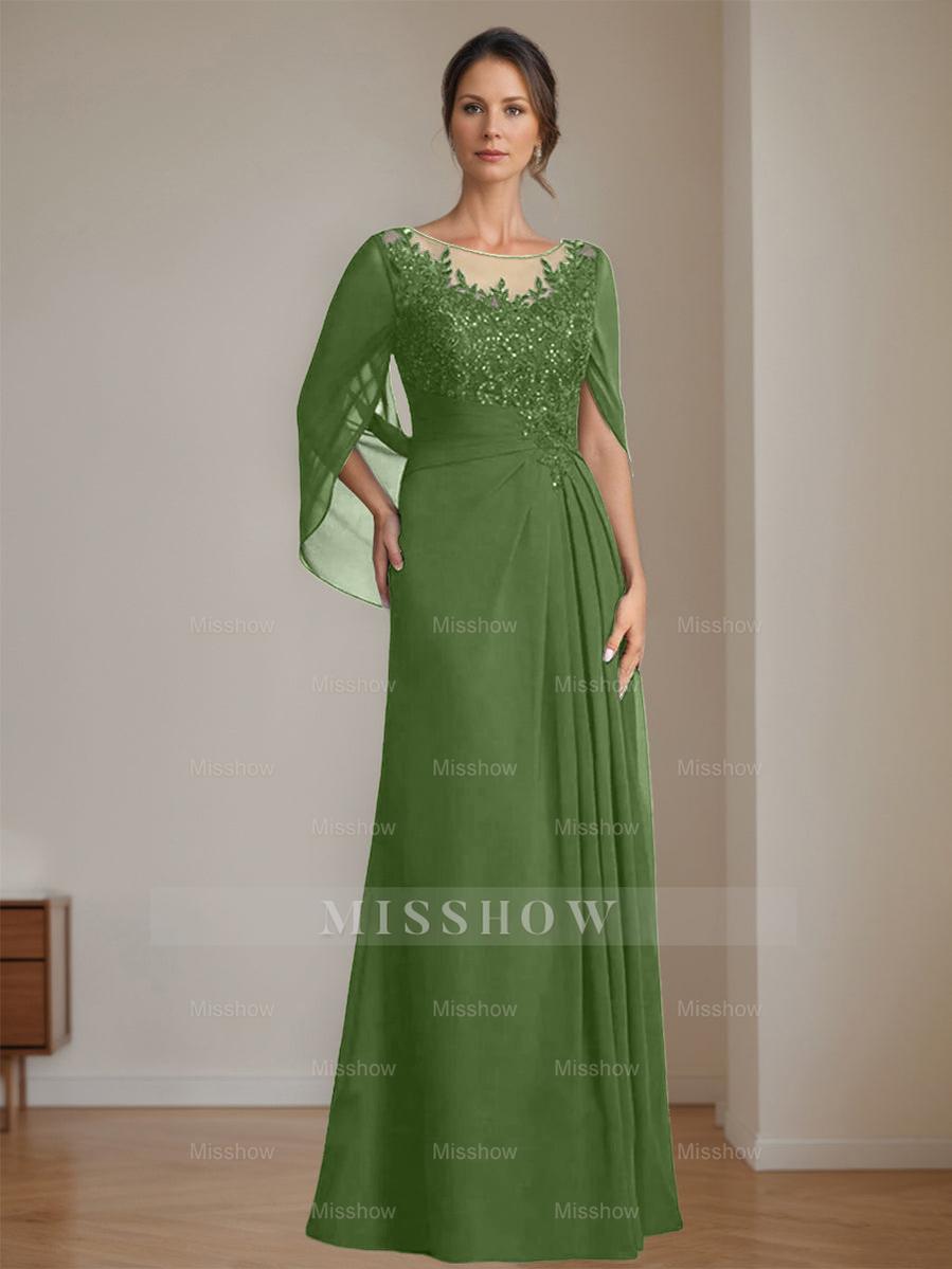 Floor-Length A-Line Princess Mother of the Bride Dresses with Scoop Neckline Pleated & Sequins