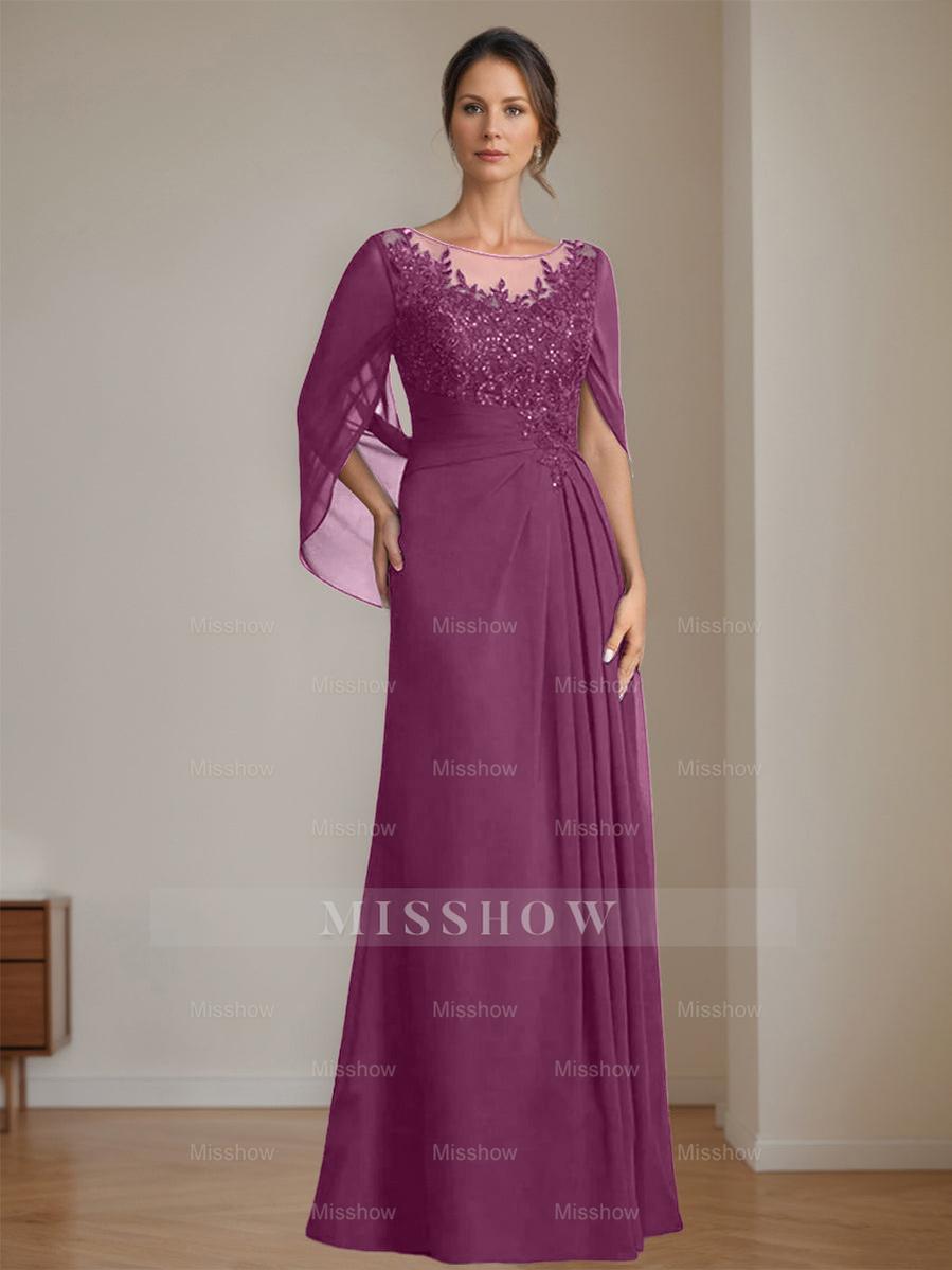 Floor-Length A-Line Princess Mother of the Bride Dresses with Scoop Neckline Pleated & Sequins