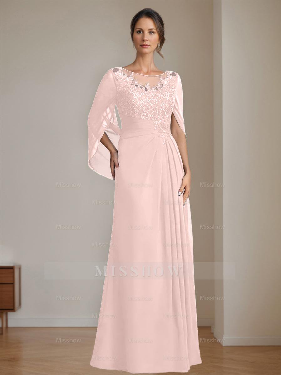 Floor-Length A-Line Princess Mother of the Bride Dresses with Scoop Neckline Pleated & Sequins
