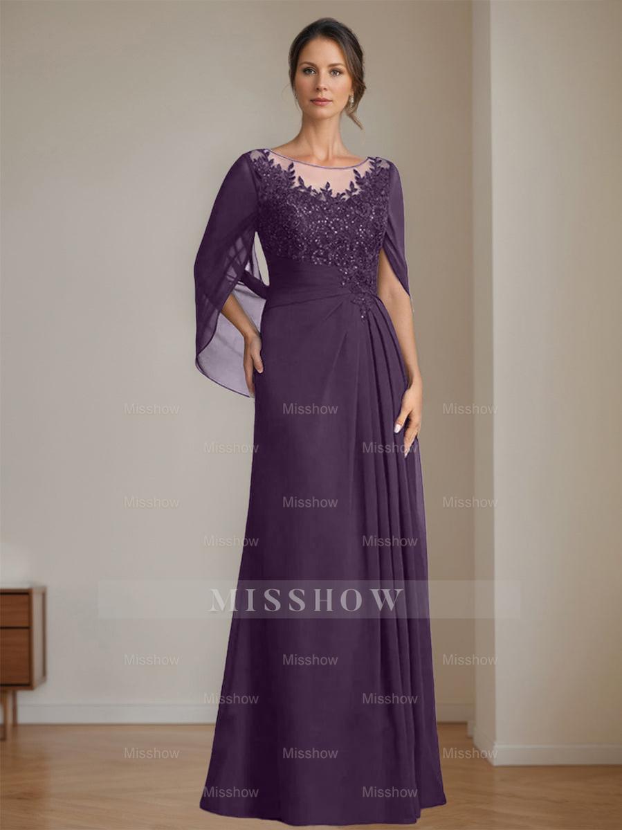 Floor-Length A-Line Princess Mother of the Bride Dresses with Scoop Neckline Pleated & Sequins