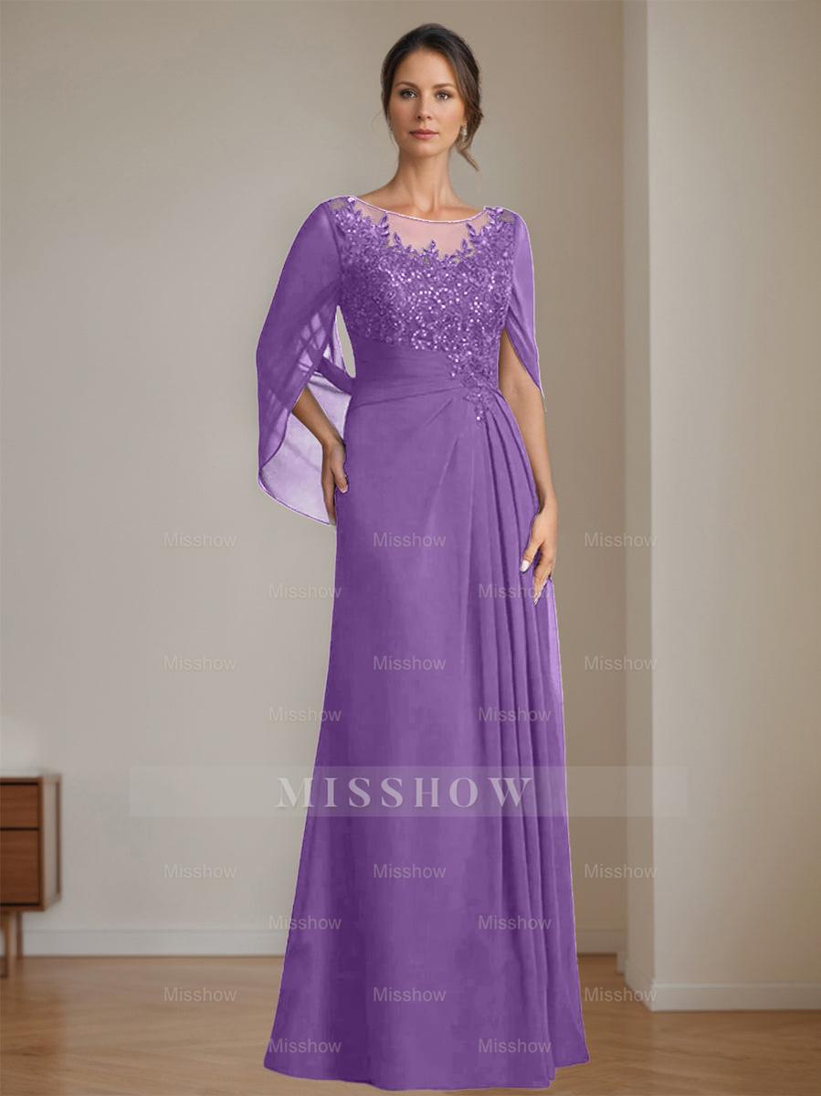Floor-Length A-Line Princess Mother of the Bride Dresses with Scoop Neckline Pleated & Sequins