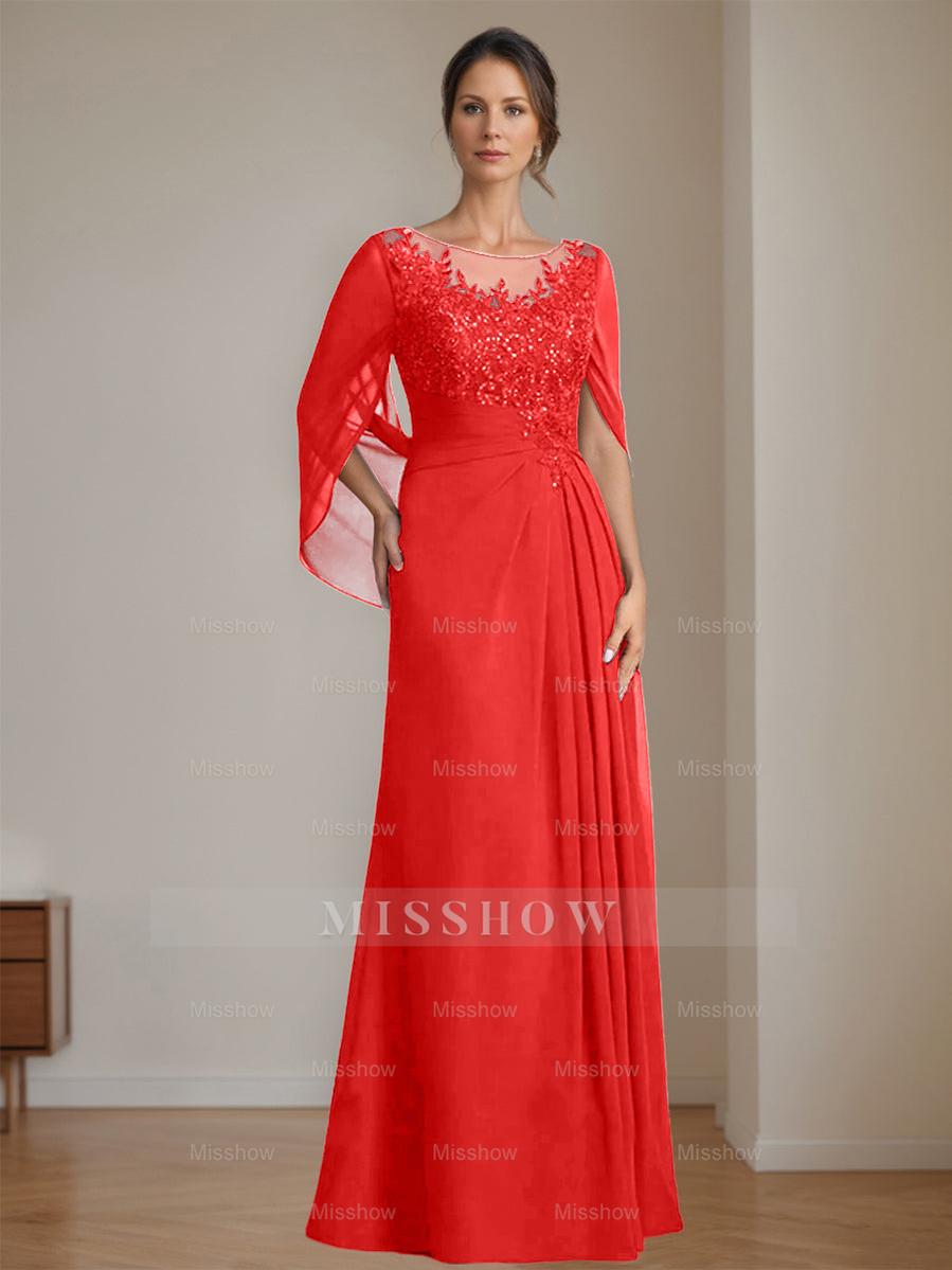 Floor-Length A-Line Princess Mother of the Bride Dresses with Scoop Neckline Pleated & Sequins