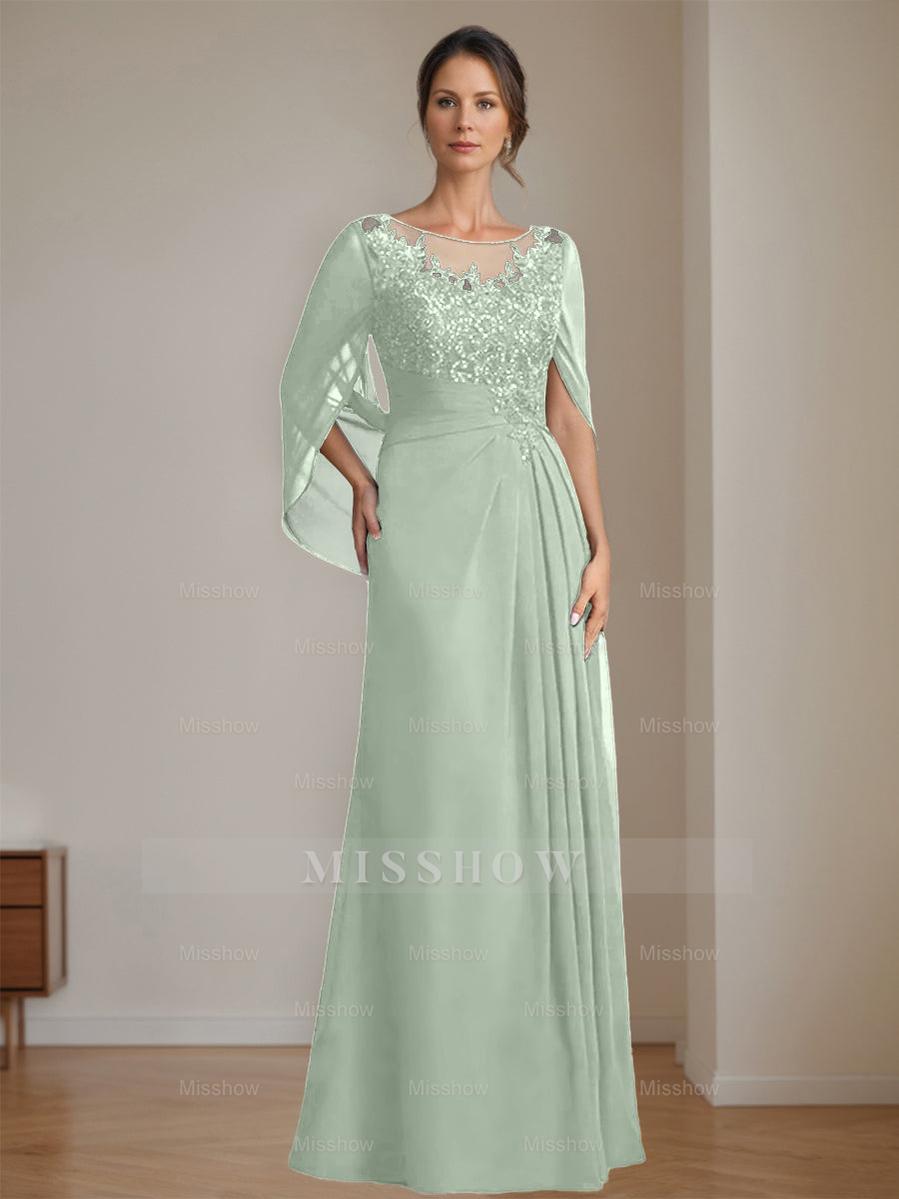 Floor-Length A-Line Princess Mother of the Bride Dresses with Scoop Neckline Pleated & Sequins