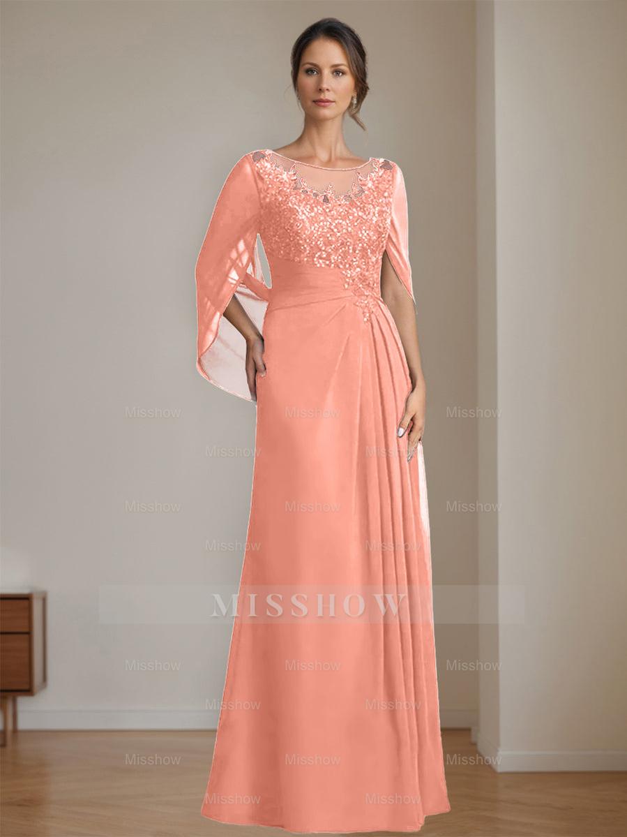 Floor-Length A-Line Princess Mother of the Bride Dresses with Scoop Neckline Pleated & Sequins