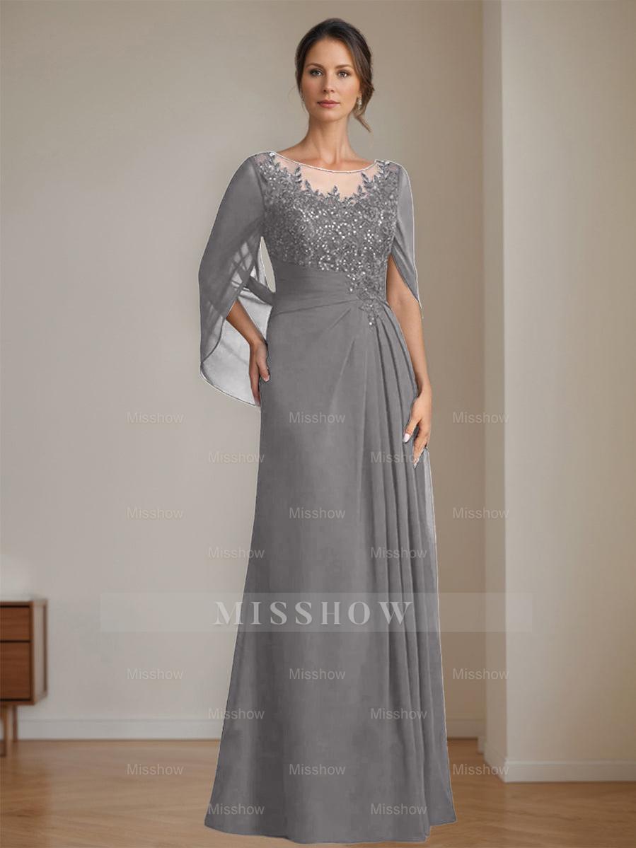 Floor-Length A-Line Princess Mother of the Bride Dresses with Scoop Neckline Pleated & Sequins