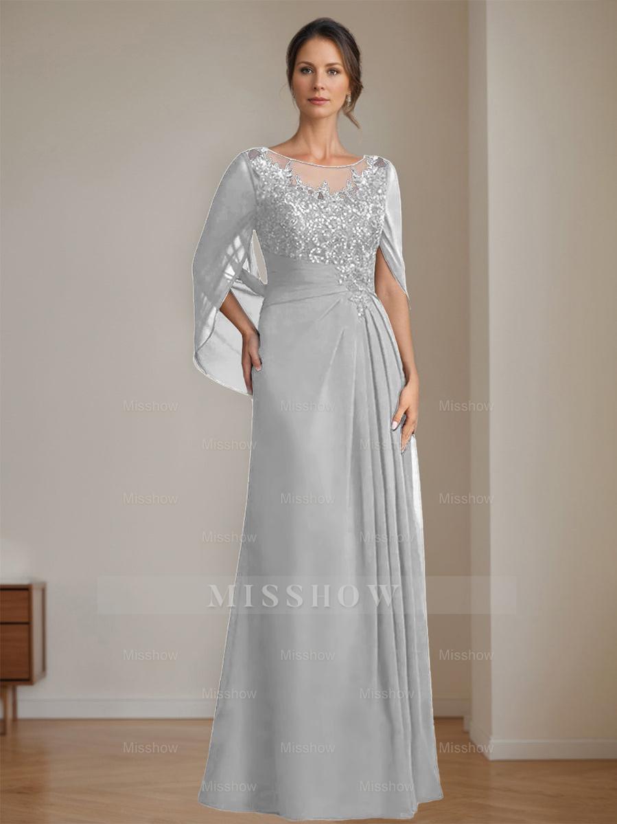 Floor-Length A-Line Princess Mother of the Bride Dresses with Scoop Neckline Pleated & Sequins