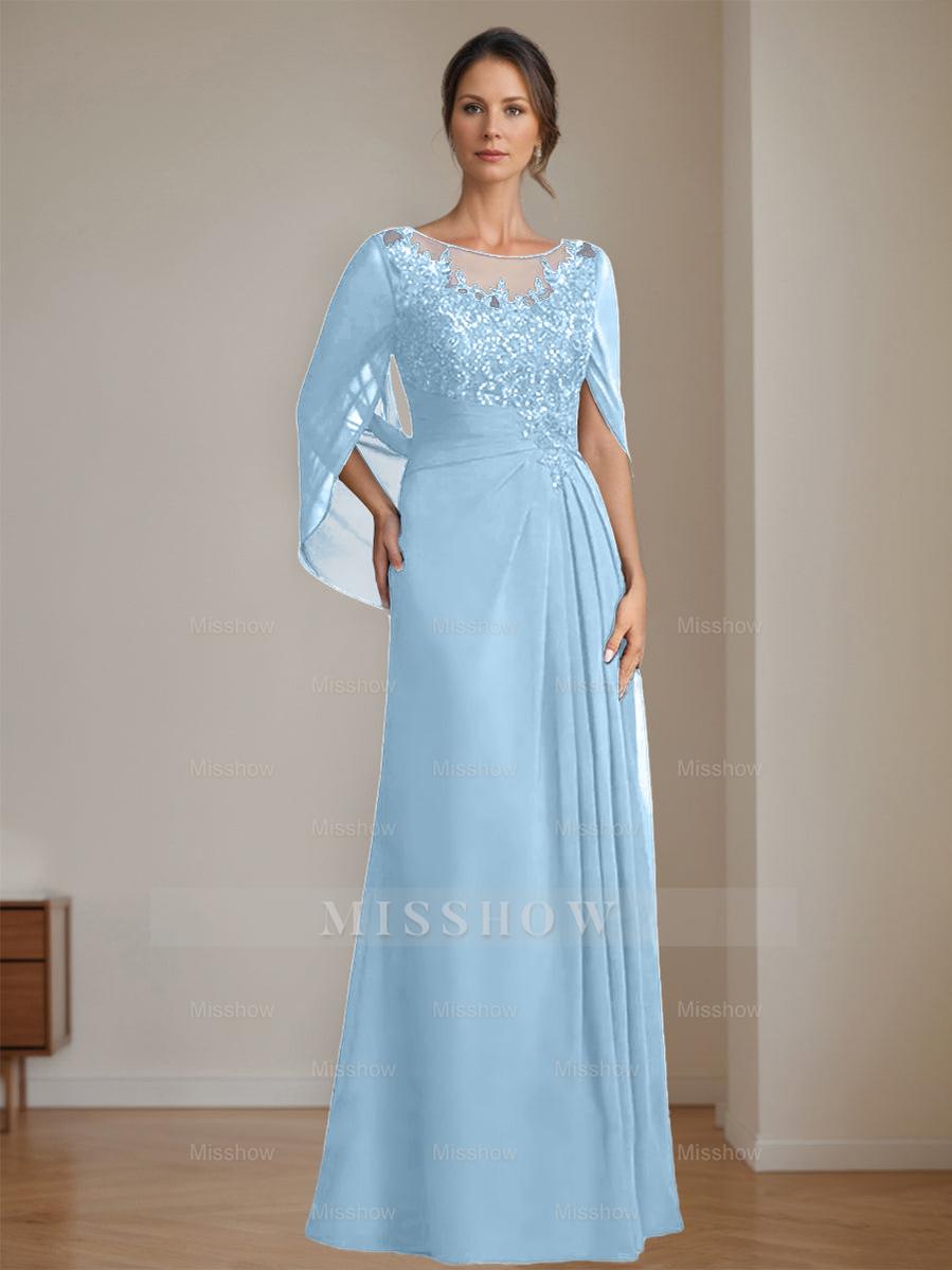 Floor-Length A-Line Princess Mother of the Bride Dresses with Scoop Neckline Pleated & Sequins