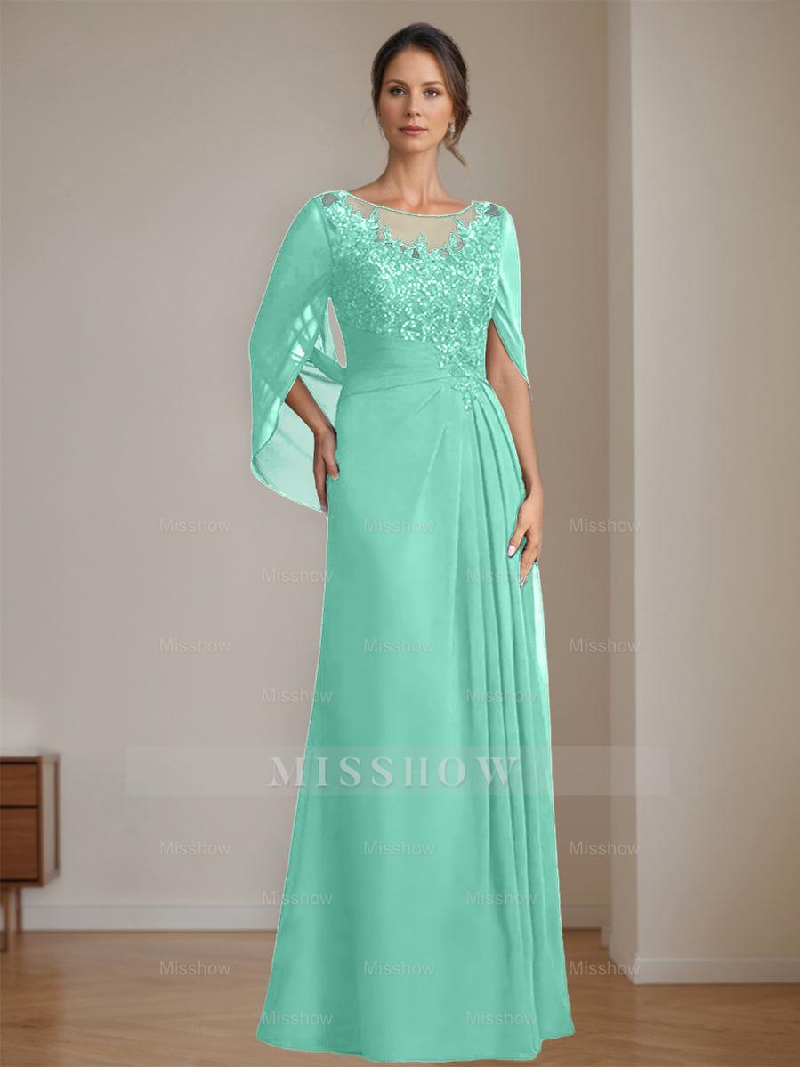 Floor-Length A-Line Princess Mother of the Bride Dresses with Scoop Neckline Pleated & Sequins