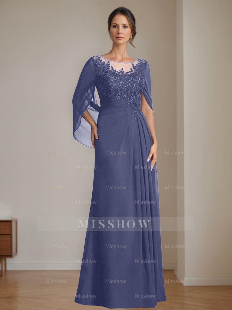 Floor-Length A-Line Princess Mother of the Bride Dresses with Scoop Neckline Pleated & Sequins