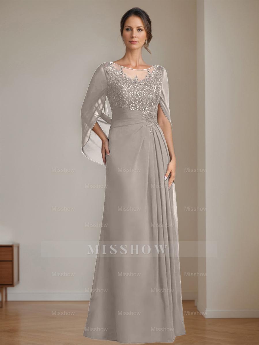 Floor-Length A-Line Princess Mother of the Bride Dresses with Scoop Neckline Pleated & Sequins