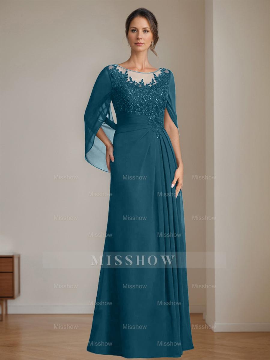 Floor-Length A-Line Princess Mother of the Bride Dresses with Scoop Neckline Pleated & Sequins