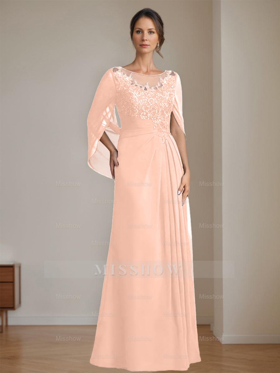 Floor-Length A-Line Princess Mother of the Bride Dresses with Scoop Neckline Pleated & Sequins