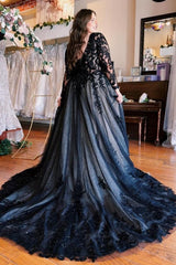 Floor-Length A-Line Split Front Long Sleeves V-Neck Prom Evening Dresses with Appliques