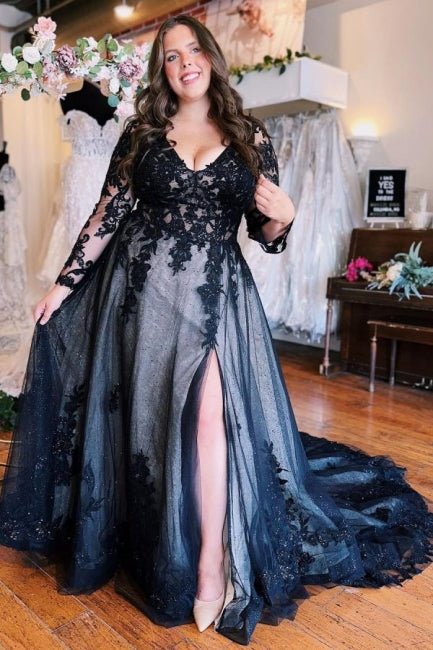 Floor-Length A-Line Split Front Long Sleeves V-Neck Prom Evening Dresses with Appliques