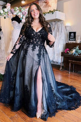 Floor-Length A-Line Split Front Long Sleeves V-Neck Prom Evening Dresses with Appliques