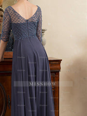 Floor-Length Beaded A-Line Mother of the Bride Dress with Scoop Neck and Short Sleeves