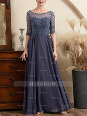 Floor-Length Beaded A-Line Mother of the Bride Dress with Scoop Neck and Short Sleeves