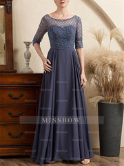 Floor-Length Beaded A-Line Mother of the Bride Dress with Scoop Neck and Short Sleeves