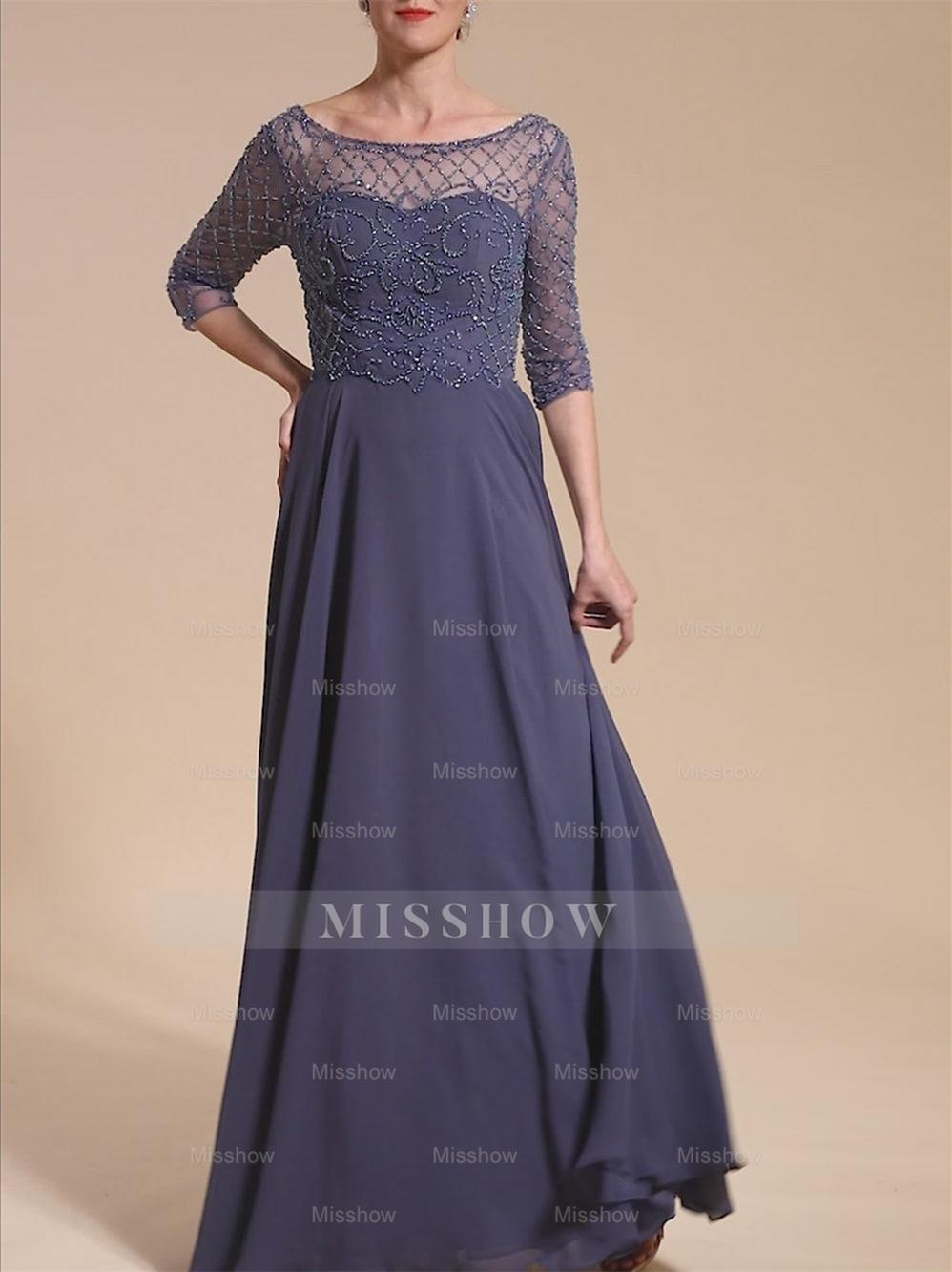 Floor-Length Beaded A-Line Mother of the Bride Dress with Scoop Neck and Short Sleeves