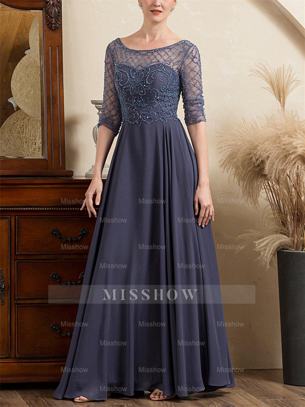 Floor-Length Beaded A-Line Mother of the Bride Dress with Scoop Neck and Short Sleeves