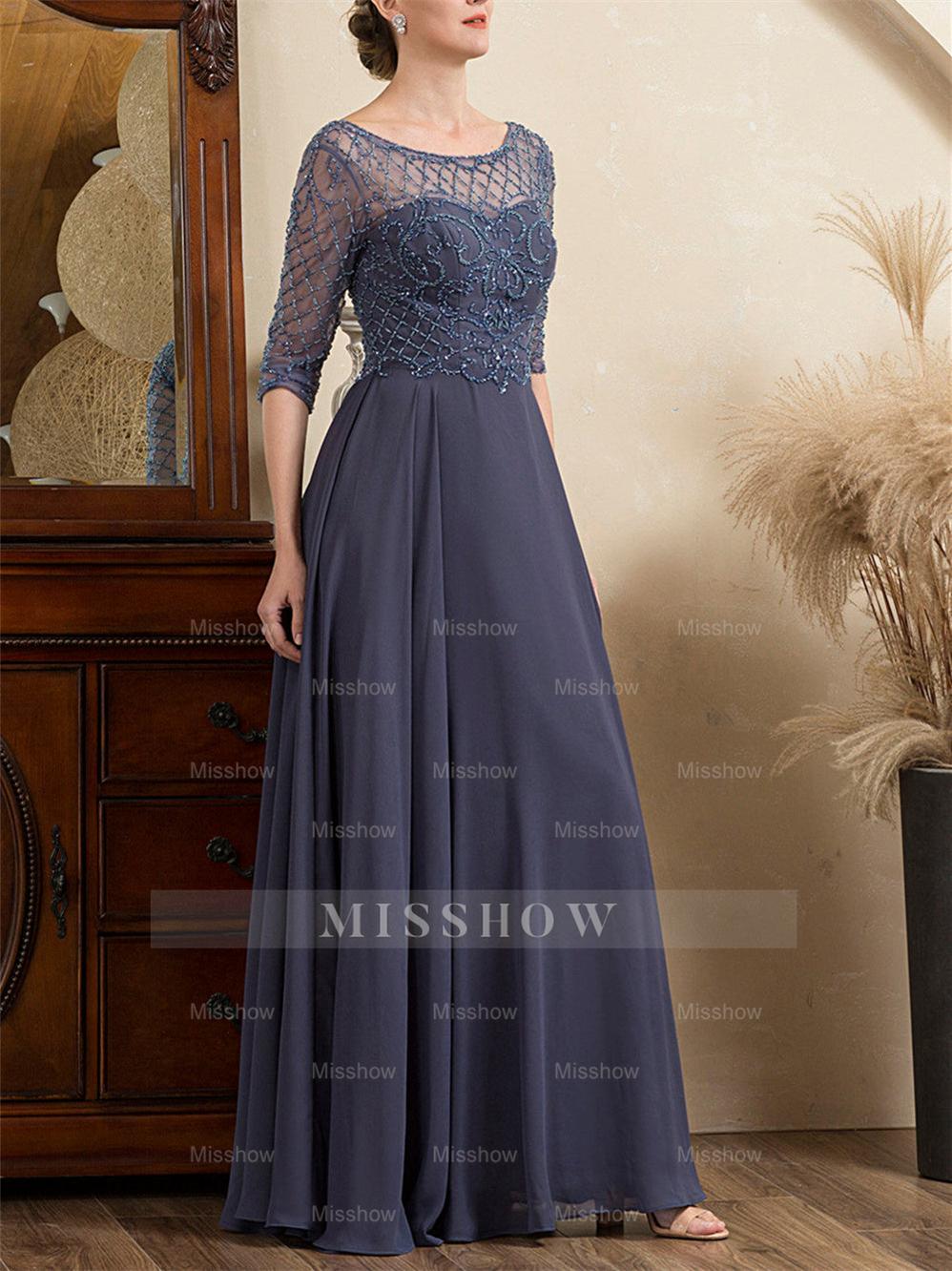 Floor-Length Beaded A-Line Mother of the Bride Dress with Scoop Neck and Short Sleeves