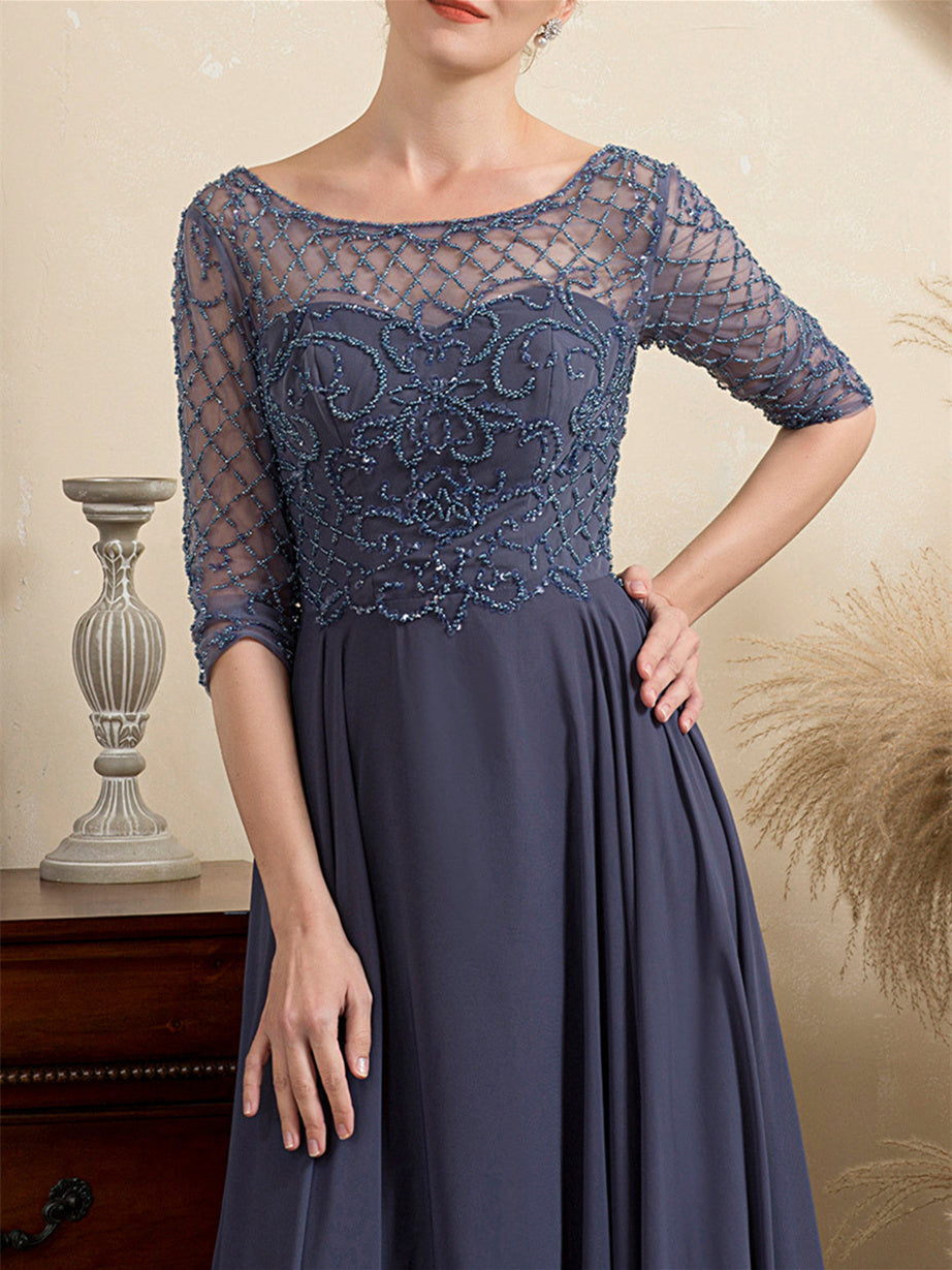 Floor-Length Beaded A-Line Mother of the Bride Dress with Scoop Neck and Short Sleeves
