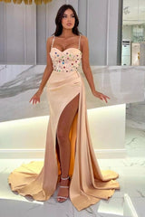 Floor-Length Champagne Sweetheart Stain Beadings Spaghetti Straps Prom Evening Dresses with Split