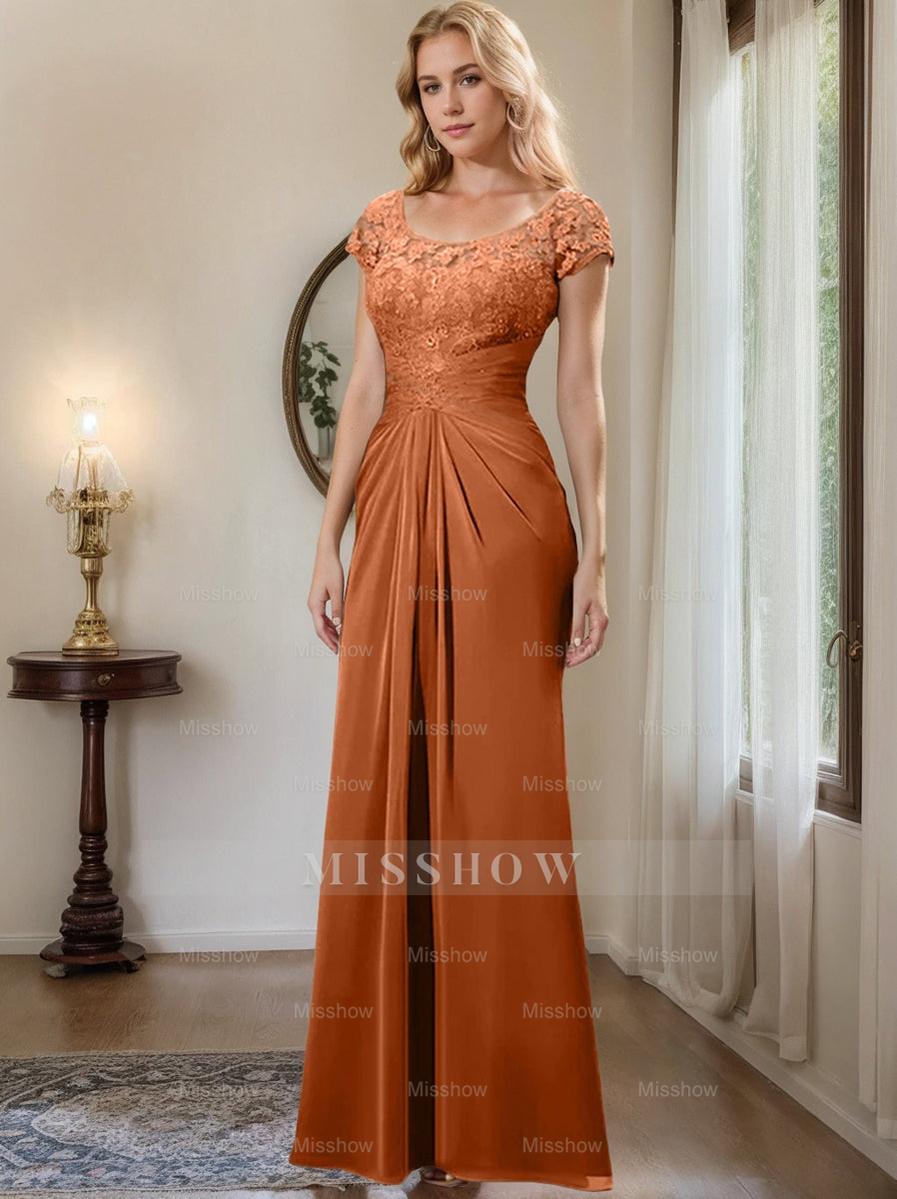 Floor-Length Chiffon Mother of the Bride Dress with Lace Ruffle and Sheath/Column Scoop