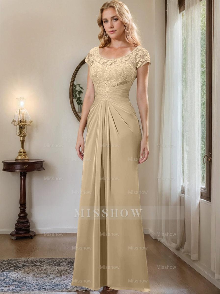 Floor-Length Chiffon Mother of the Bride Dress with Lace Ruffle and Sheath/Column Scoop