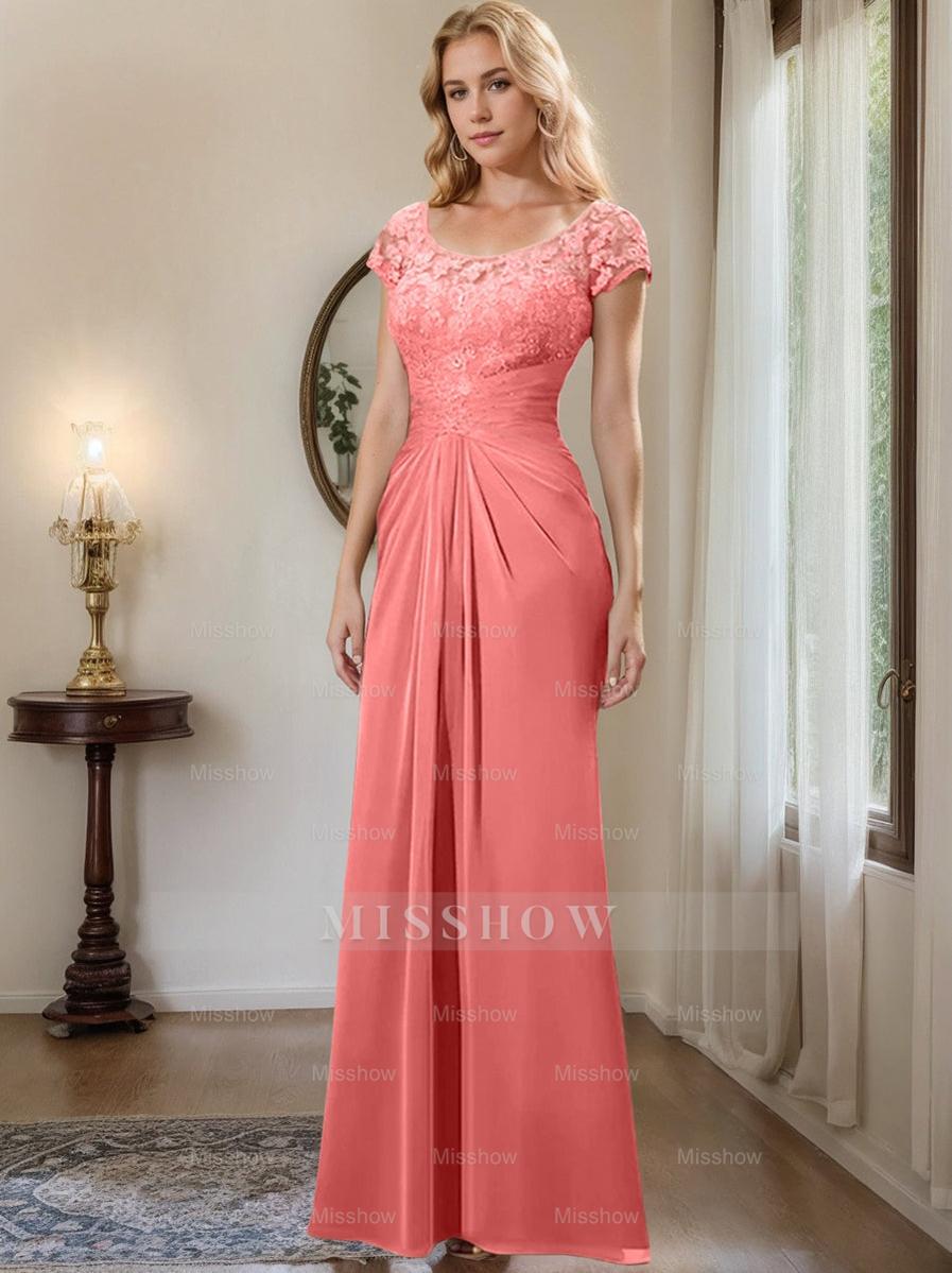 Floor-Length Chiffon Mother of the Bride Dress with Lace Ruffle and Sheath/Column Scoop