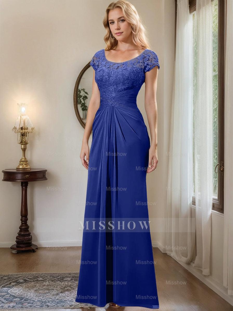 Floor-Length Chiffon Mother of the Bride Dress with Lace Ruffle and Sheath/Column Scoop