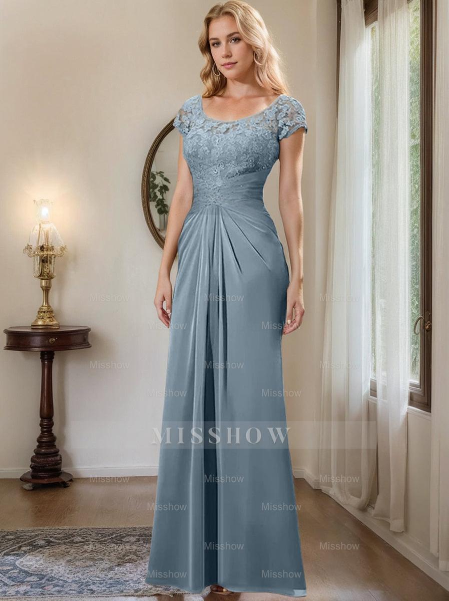 Floor-Length Chiffon Mother of the Bride Dress with Lace Ruffle and Sheath/Column Scoop